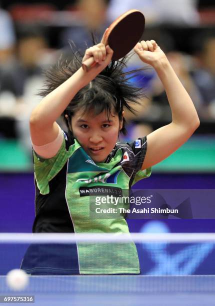 Miu Hirano of Japan competes in the Women's Singles second round match against Jeon Jihee of South Korea on day four of the 2017 ITTF World Tour...