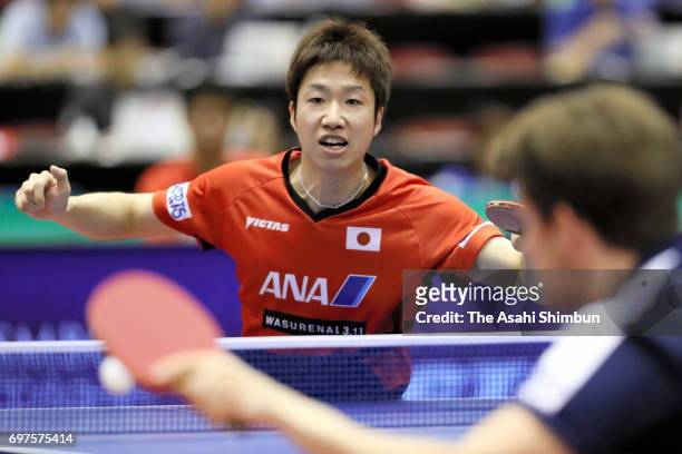 Jun Mizutani of Japan competes in the Men's Singles second round match against Kristian Karlsson of Sweden on day four of the 2017 ITTF World Tour...