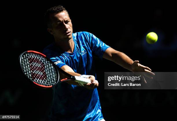 Philipp Kohlschreiber of Germany plays a volley shot during his match against Joao Sousa of Portugal on Day 3 of the Gerry Weber Open 2017 at on June...