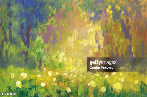 summer oil painting landscape, impressionism - impressionism stock illustrations