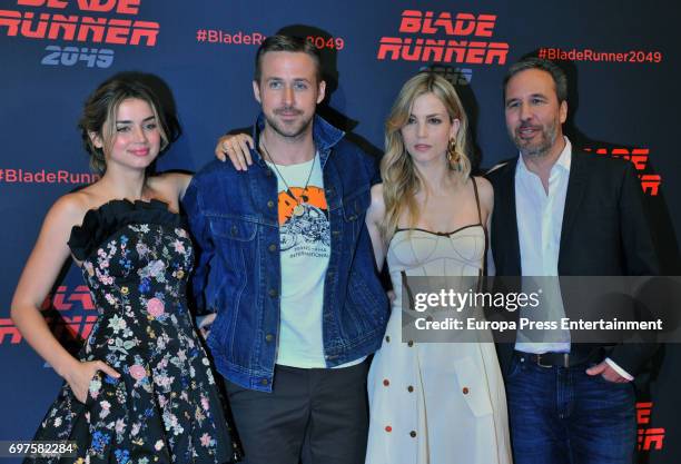 Ana de Armas, Ryan Gosling, Sylvia Hoeks and Denis Villeneuve attend 'Blade Runner 2049' photocall during at Arts Hotel on June 19, 2017 in...