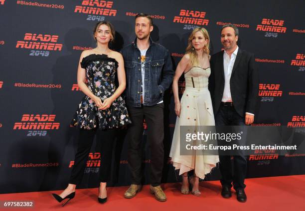 Ana de Armas, Ryan Gosling, Sylvia Hoeks and Denis Villeneuve attend 'Blade Runner 2049' photocall during at Arts Hotel on June 19, 2017 in...