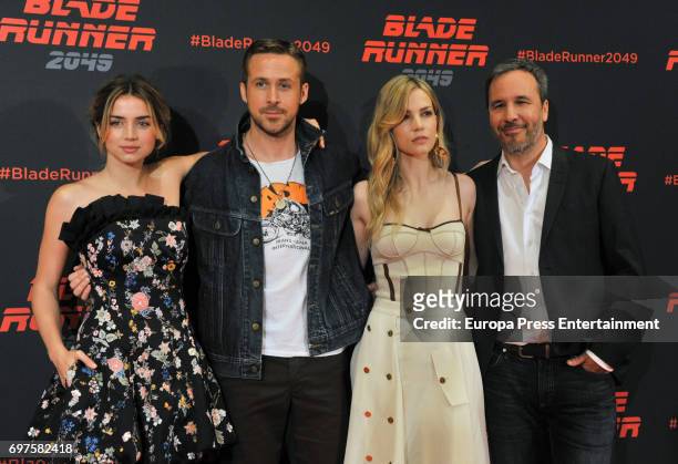 Ana de Armas, Ryan Gosling, Sylvia Hoeks and Denis Villeneuve attend 'Blade Runner 2049' photocall during at Arts Hotel on June 19, 2017 in...