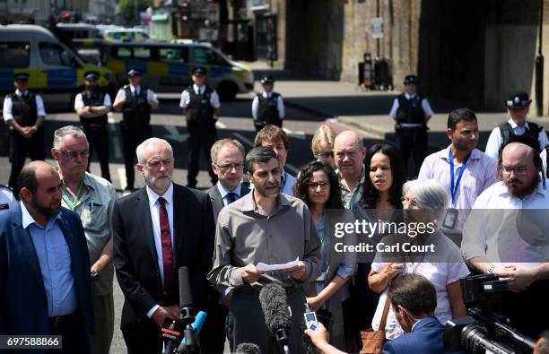 Labour leader Jeremy Corbyn looks on as community and religious leaders speak at the scene of a terror attack in Finsbury Park in the early hours of...