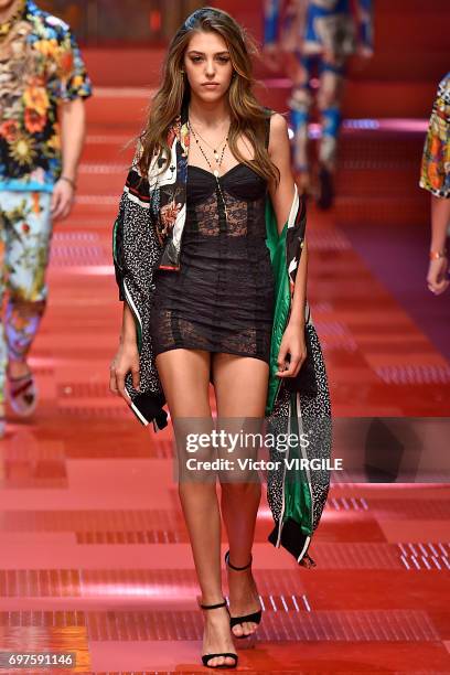 Sistine Stallone walks the runway at the Dolce & Gabbana show during Milan Men's Fashion Week Spring/Summer 2018 on June 17, 2017 in Milan, Italy.