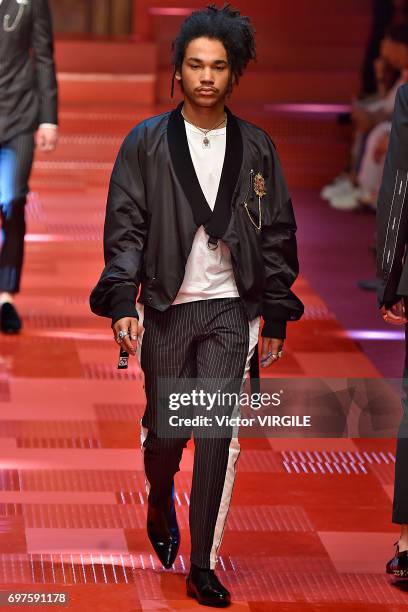 Luka Sabbat walks the runway at the Dolce & Gabbana show during Milan Men's Fashion Week Spring/Summer 2018 on June 17, 2017 in Milan, Italy.