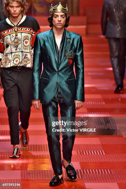 Sascha Bailey and Jordan Barrett walk the runway at the Dolce & Gabbana show during Milan Men's Fashion Week Spring/Summer 2018 on June 17, 2017 in...