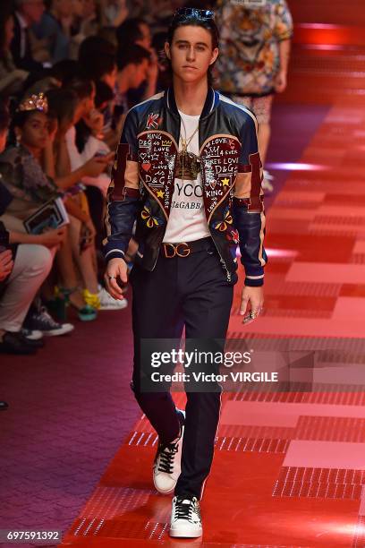 Nash Grier walks the runway at the Dolce & Gabbana show during Milan Men's Fashion Week Spring/Summer 2018 on June 17, 2017 in Milan, Italy.