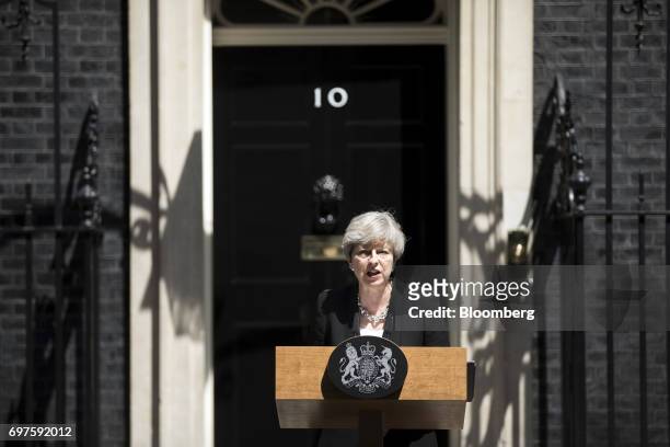 Theresa May, U.K. Prime minister, delivers a statement outside number 10 Downing Street, in London, U.K., on Monday, June 19, 2017. U.K. Police are...