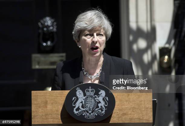 Theresa May, U.K. Prime minister, delivers a statement outside number 10 Downing Street, in London, U.K., on Monday, June 19, 2017. U.K. Police are...