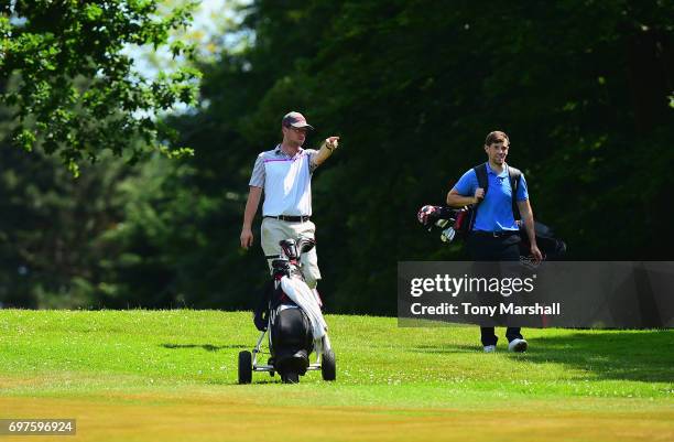 Daniel Fickling of Bush Hill Park Golf Club points the direction during the Golfbreaks.com PGA Fourball Championship East Qualifier at Bush Hill Park...