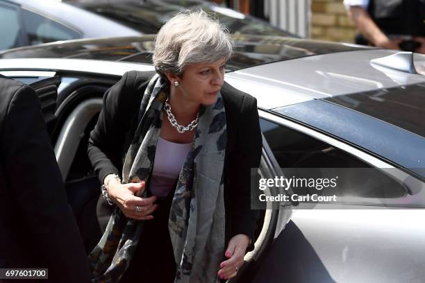 Prime Minister Theresa May arrives at Finsbury Park mosque near the scene of a terror attack in the early hours of this morning, on June 19, 2017 in...