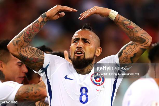 Arturo Vidal of Chile celebrates during the FIFA Confederations Cup Group B match between Cameroon and Chile at Spartak Stadium on June 18, 2017 in...