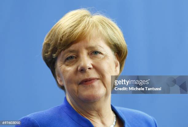 German Chancellor Angela Merkel speaks during a joint press conference with Romanian president following their meeting in the german chancellory on...