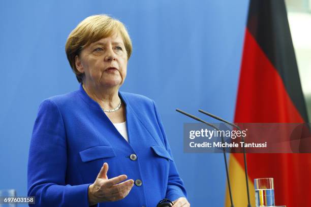 German Chancellor Angela Merkel speaks during a joint press conference with Romanian president following their meeting in the german chancellory on...