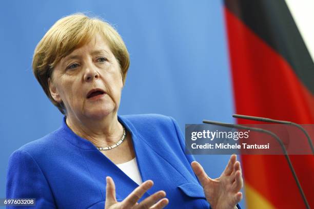 German Chancellor Angela Merkel speaks during a joint press conference with Romanian president following their meeting in the german chancellory on...