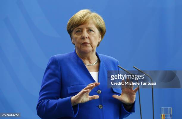 German Chancellor Angela Merkel speaks during a joint press conference with Romanian president following their meeting in the german chancellory on...