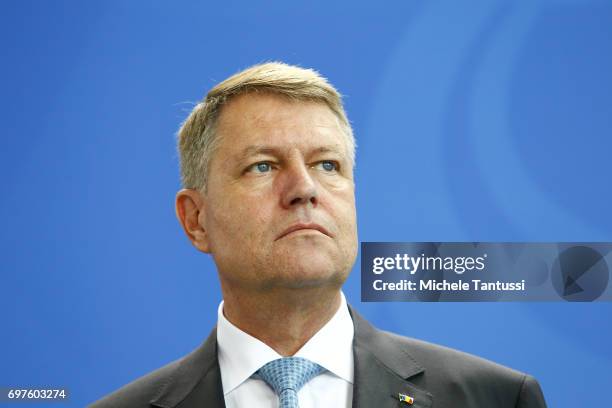 Romanian president Klaus Iohannis speaks during a joint press conference with german chancellor following their meeting in the german chancellory on...