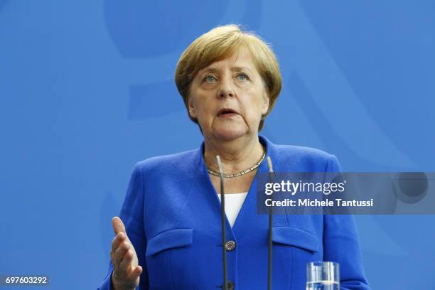 German Chancellor Angela Merkel speaks during a joint press conference with Romanian president following their meeting in the german chancellory on...