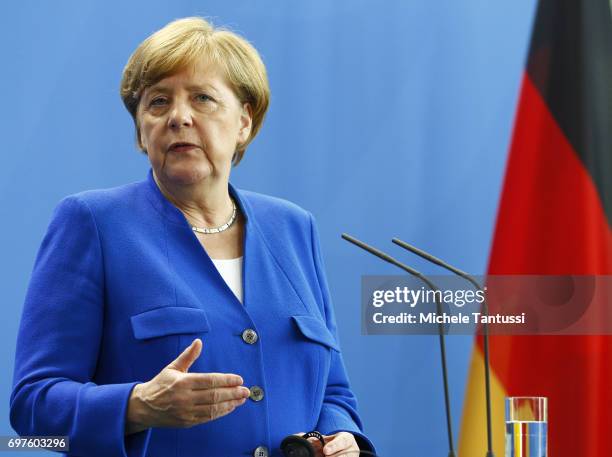 German Chancellor Angela Merkel speaks during a joint press conference with Romanian president following their meeting in the german chancellory on...