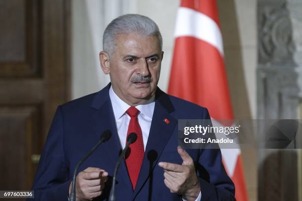 Prime Minister of Turkey Binali Yildirim and the Prime Minister of Greece Alexis Tsipras hold a joint press conference followin their meeting, in...