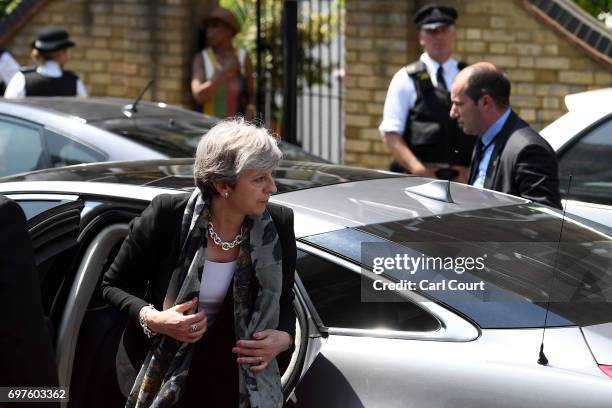 Prime Minister Theresa May arrives at Finsbury Park mosque near the scene of a terror attack in the early hours of this morning, on June 19, 2017 in...