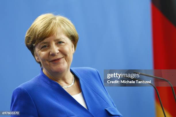 German Chancellor Angela Merkel speaks during a joint press conference with Romanian president following their meeting in the german chancellory on...