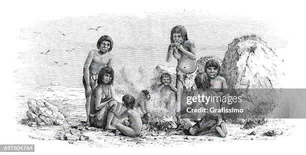native american selknam or ona bonfire at tierra del fuego argentina - campfire art stock illustrations