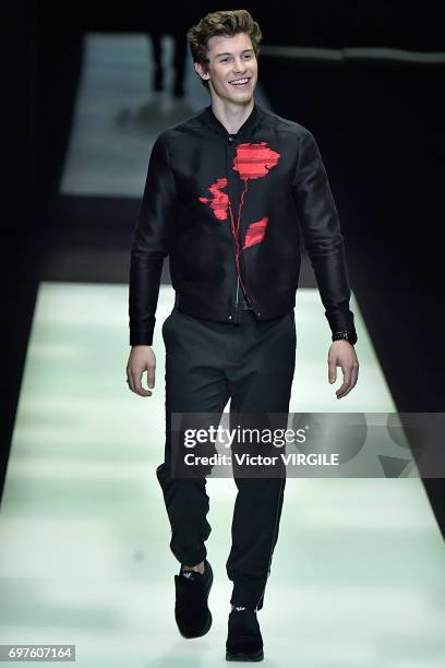 Shawn Mendes walks the runway at the Emporio Armani show during Milan Men's Fashion Week Spring/Summer 2018 on June 17, 2017 in Milan, Italy.