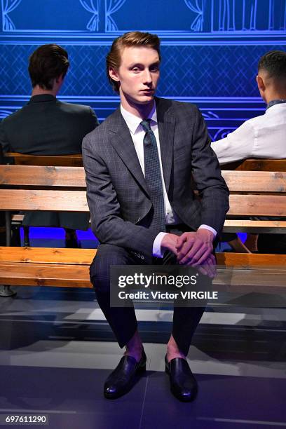 Model walks the runway at the Canali fashion show during Milan Men's Fashion Week Spring/Summer 2018 on June 17, 2017 in Milan, Italy.