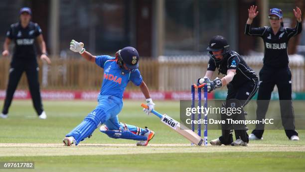 Mona Meshram of India evades being stumped by New Zealand wicket keeper Katey Martin during the ICC Women's World Cup warm up match between India and...