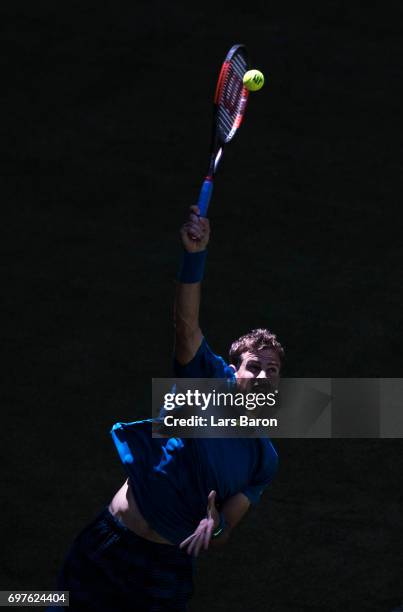 Vasek Pospisil of Canada serves during his match against Dustin Brown of Germany during Day 3 of the Gerry Weber Open 2017 at on June 19, 2017 in...