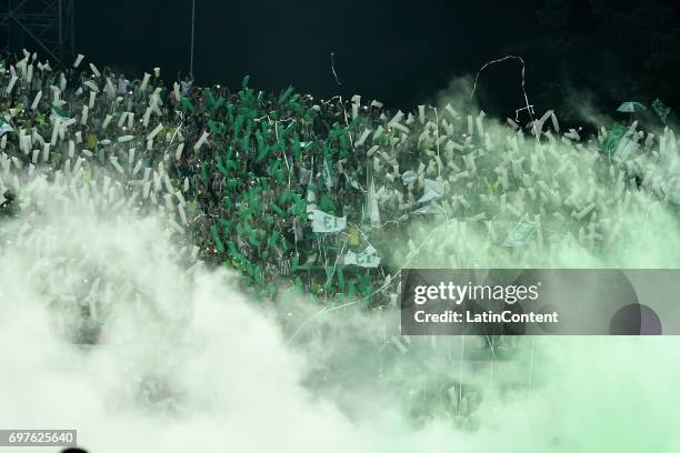 Fans of Nacional cheer for their team during the Final second leg match between Atletico Nacional and Deportivo Cali as part of Liga Aguila I 2017 at...