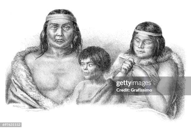 ilustraciones, imágenes clip art, dibujos animados e iconos de stock de tribu de americanos nativos familia tehuelche en argentina chile - indian costume