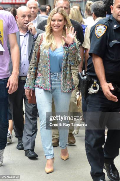 Actress Hilary Duff leaves the "Good Morning America" taping at the ABC Times Square Studios on June 19, 2017 in New York City.