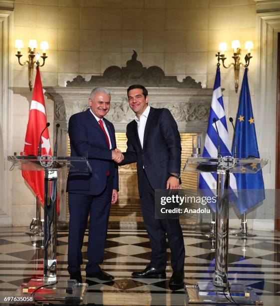 Prime Minister of Turkey Binali Yildirim and the Prime Minister of Greece Alexis Tsipras hold a joint press conference following their meeting, in...