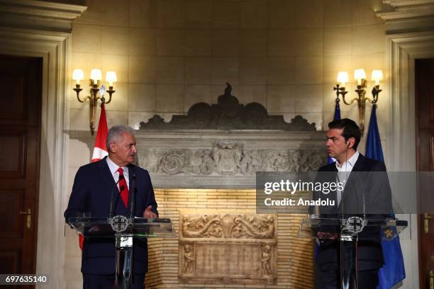 Prime Minister of Turkey Binali Yildirim and the Prime Minister of Greece Alexis Tsipras hold a joint press conference following their meeting, in...