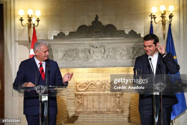 Prime Minister of Turkey Binali Yildirim and the Prime Minister of Greece Alexis Tsipras hold a joint press conference following their meeting, in...