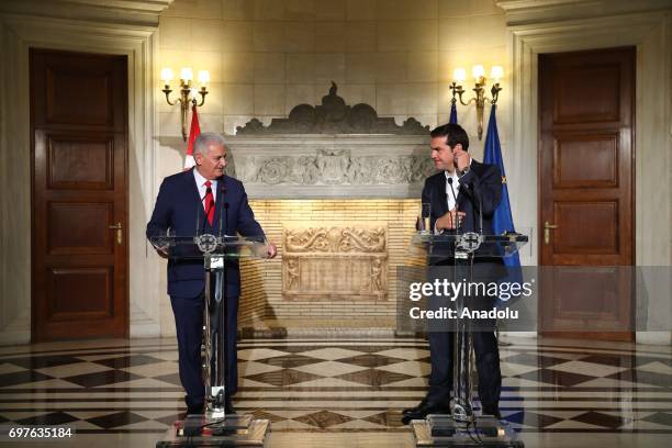 Prime Minister of Turkey Binali Yildirim and the Prime Minister of Greece Alexis Tsipras hold a joint press conference following their meeting, in...