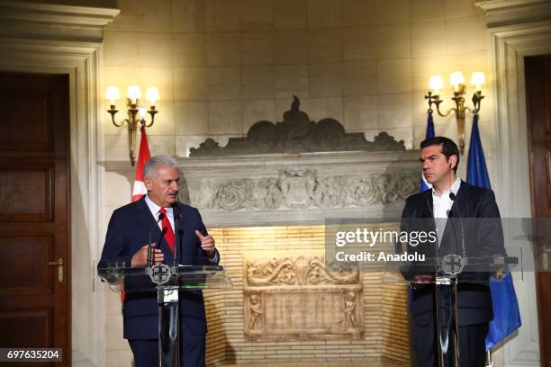 Prime Minister of Turkey Binali Yildirim and the Prime Minister of Greece Alexis Tsipras hold a joint press conference following their meeting, in...