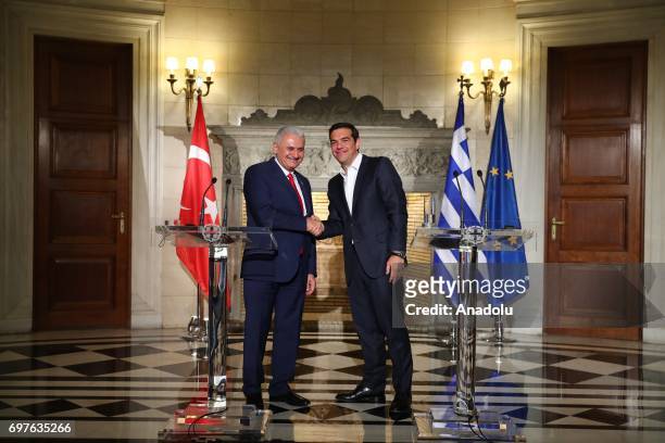 Prime Minister of Turkey Binali Yildirim and the Prime Minister of Greece Alexis Tsipras hold a joint press conference following their meeting, in...
