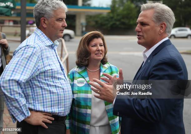 House Majority Leader Rep. Kevin McCarthy speaks as Republican candidate Karen Handel and her husband Steve Handel listen during a campaign stop as...