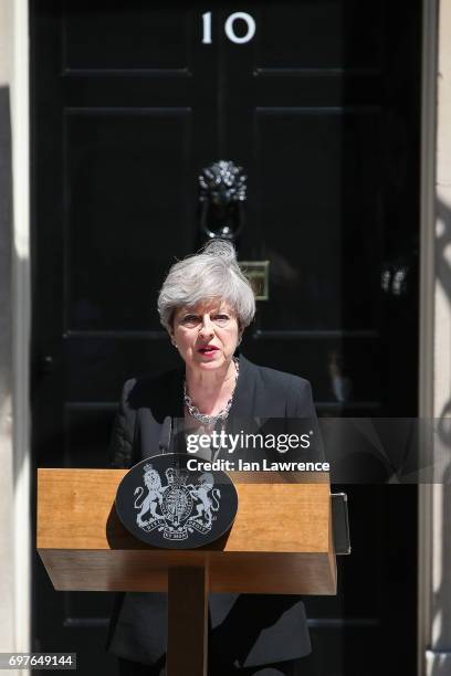 British Prime Minister Theresa May responds to last night's terror attack in Finsbury Park in a speech outside Downing Street on June 19, 2017 in...