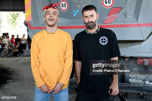 Sfera Ebbasta and Marcelo Burlon attend the Palm Angels show during Milan Men's Fashion Week Spring/Summer 2018 on June 19, 2017 in Milan, Italy.