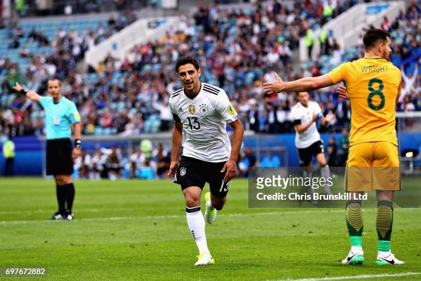 Lars Stindl of Germany celebrates scoring the first goal for Germany during the FIFA Confederations Cup Russia 2017 Group B match between Australia...
