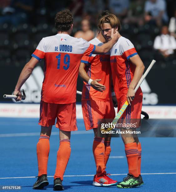 Jorrit Croon of the Netherlands celebrates scoring his sides second goal during the Hero Hockey World League Semi-Final match between Netherlands and...