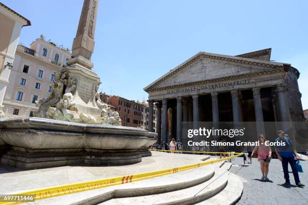 The Fountain of the Pantheon at Piazza della Rotonda is cordoned off with yellow tape on June 19, 2017 in Rome, Italy. The cordon was set up by local...