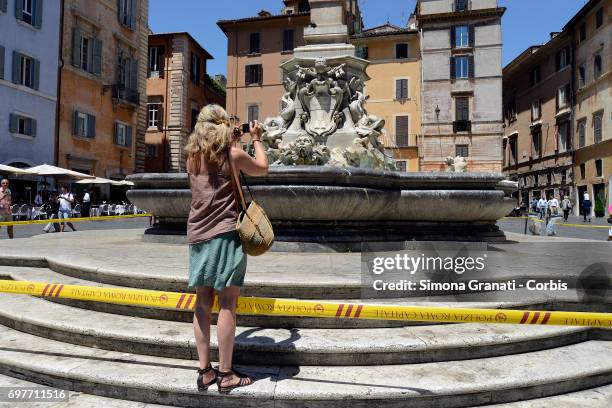 The Fountain of the Pantheon at Piazza della Rotonda is cordoned off with yellow tape on June 19, 2017 in Rome, Italy. The cordon was set up by local...