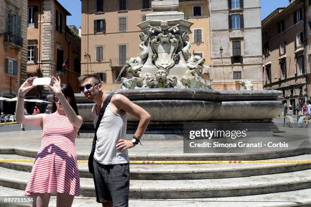 The Fountain of the Pantheon at Piazza della Rotonda is cordoned off with yellow tape on June 19, 2017 in Rome, Italy. The cordon was set up by local...