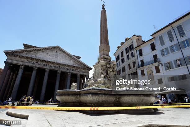 The Fountain of the Pantheon at Piazza della Rotonda is cordoned off with yellow tape on June 19, 2017 in Rome, Italy. The cordon was set up by local...